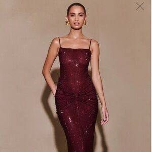 Meshki Roisin Diamante Satin Maxi Dress Burgundy